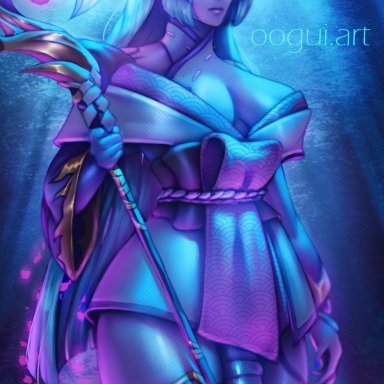 league of legends, riot games, spirit blossom series, soraka, spirit blossom soraka, oogui art, 1futa, animal genitalia, animal penis, big breasts, big penis, bottomless, breasts, cleavage, closed eyes