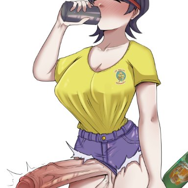 komi-san wa komyushou desu, komi shuuko, dokima, 1futa, asian, asian female, balls, big balls, black hair, booty shorts, bush, cap, closed eyes, clothed, clothing