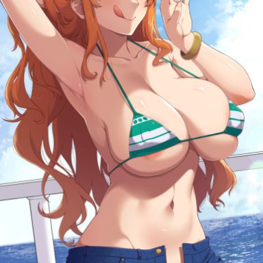 one piece, nami, ao banana, 1girls, areolae, big breasts, breasts, eye contact, female, female only, huge breasts, light-skinned female, light skin, long hair, looking at viewer