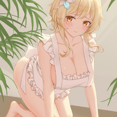 genshin impact, lumine (genshin impact), ronnie z, 1girls, all fours, apron, apron only, blonde hair, breasts, cleaning, cleaning rag, flower, flower in hair, large breasts, looking at viewer