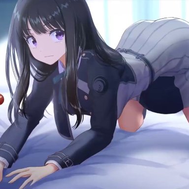 lycoris recoil, inoue takina, majima (lycoris recoil), houriigurei, 1girls, 2boy, 2boys, 2boys1girl, all fours, bangs, black hair, black socks, blowjob, blowjob while penetrating, blush