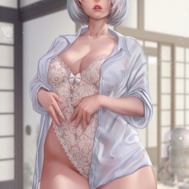 nier, nier: automata, nier (series), machine lifeform, yorha 2b, prywinko, 1girls, android, android girl, beauty mark, blue eyes, breasts, female, hair over one eye, hips