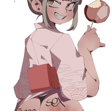 my hero academia, himiko toga, coffing (artist), 1girls, alternate hairstyle, ass, black thong, blonde hair, body writing, butt, female, hair bun, kimono, light skin, looking back