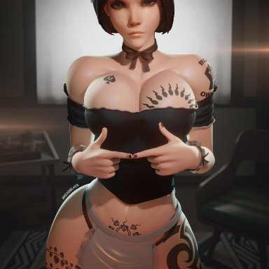 overwatch, breadblack, 1girls, big breasts, blush, breasts, brown hair, interracial, light-skinned female, outdoors, outside, queen of spades, tattoo, tattooed arm, tattoos