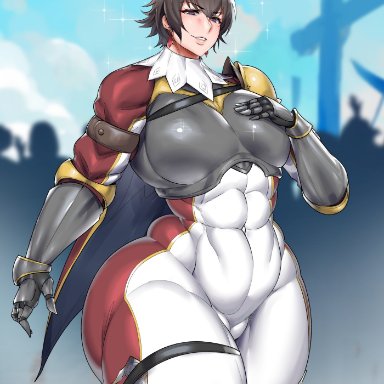 monster hunter, fiorayne, natedecock, abs, armor, condom, curvy, dark hair, knight, mature, mature female, musclegut, muscular, muscular female, pale-skinned female