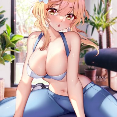 genshin impact, lumine (genshin impact), squchan, 1girls, blonde hair, breasts, cleavage, female, flower, flower hair ornament, flower in hair, gold eyes, gym clothes, hair ornament, hips