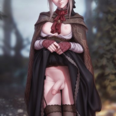 bloodborne, fromsoftware, plain doll, personalami, 1futa, areolae, ass visible through thighs, balls, black legwear, black stockings, breasts, breasts out, clothed, clothing, cum leak