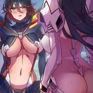 kill la kill, kiryuuin satsuki, matoi ryuuko, himmely, 2girls, ass, ass focus, big ass, big breasts, female, female only, light-skinned female, light skin, navel, sisters