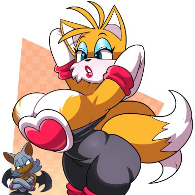 sega, sonic the hedgehog (series), rouge the bat, tails, superspoe, 2 tails, 2girls, anthro, armpits, big breasts, bimbofication, bodysuit, breasts, busty, canid