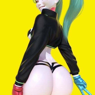 cyberpunk: edgerunners, cyberpunk 2077, rebecca (edgerunners), popogori, 1girls, ass, back view, big ass, body markings, breasts, cybernetics, cyborg, eye contact, fat ass, female