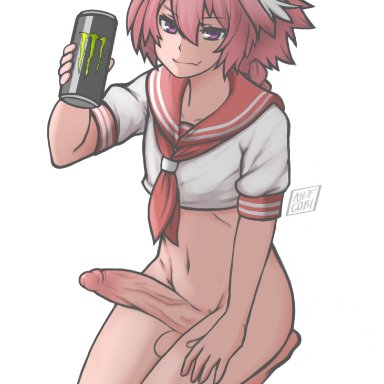 fate (series), monster energy, monster energy drink, astolfo (fate), asdfcobi, 1boy, balls, big penis, bottomless, erect penis, erection, femboy, huge cock, hung trap, light-skinned female