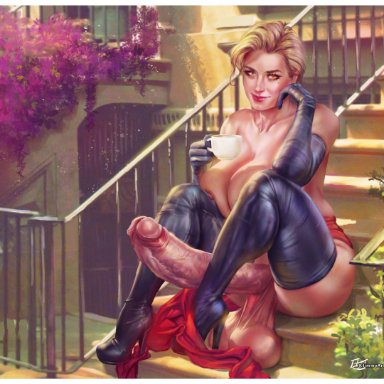 marvel, captain marvel, carol danvers, kinkyjimmy, 1futa, balls, ballsack, beauty mark, blonde hair, breasts, dangling testicles, detailed background, elbow gloves, erect penis, erection