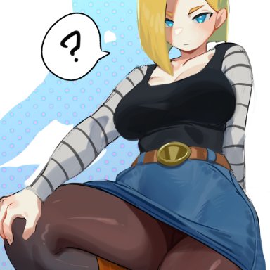 dragon ball, dragon ball z, android 18, nia (nia4294), 1girls, ?, big breasts, blonde hair, blue eyes, clothing, female, female only, long hair, looking at viewer, narrowed eyes