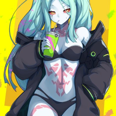 cyberpunk: edgerunners, rebecca (edgerunners), waero, bare shoulders, blue body, blue hair, cup, drinking, female only, jacket, navel, red eyes, seductive look, small breasts, smug