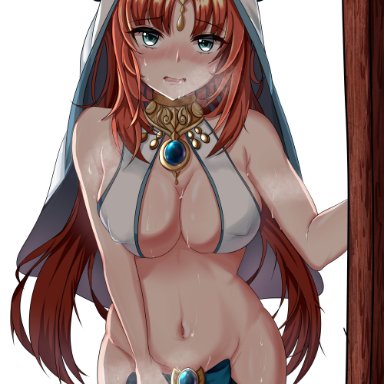 genshin impact, nilou (genshin impact), 1girls, belly dancer, belly dancer outfit, blue eyes, blush, breasts, cleavage, covering crotch, embarrassed, erect nipples, erect nipples under clothes, harem girl, harem outfit