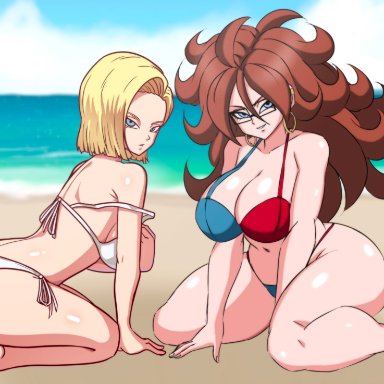 dragon ball, dragon ball fighterz, dragon ball super, android 18, android 21, darwaarts, etzel, 2girls, beach, big breasts, bikini, blonde hair, blue bikini, breasts, brown hair