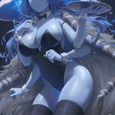 elden ring, fromsoftware, ranni the witch, yohan1754, 1girls, blue body, blue eyes, blue hair, blue skin, breasts, bunny ear, bunnysuit, cloak, female, four arms