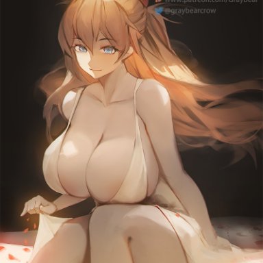 neon genesis evangelion, asuka langley sohryu, gray bear, 1girls, alternate breast size, big breast, black background, blue eyes, breasts, cleavage, dress, gigantic breasts, hairpods, huge breasts, interface headset