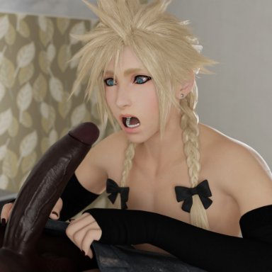 final fantasy vii remake, cloud strife, roriori, black penis, cock shock, dark-skinned male, femboy, interracial, 3d