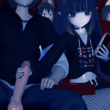 hololive, hololive english, background characters, ninomae ina'nis, anonimgus, 1boy, 1boy1girl, 1girls, about to cum, black nails, bored, bored sex, choker, cinema, dark alley