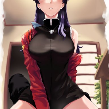 neon genesis evangelion, misato katsuragi, shinji ikari, rororo, 1girls, age difference, big breasts, black clothing, black dress, blush, breasts, dress, earrings, jacket, mature female