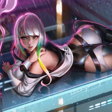 cyberpunk: edgerunners, cyberpunk 2077, lucy (cyberpunk), liang xing, 1girls, ass, cigarette, cybernetics, cyborg, female, female focus, leotard, looking at viewer, multicolored hair, short hair