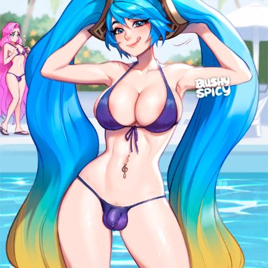 league of legends, seraphine (league of legends), sona buvelle, blushypixy, blushyspicy, hyperfapper (editor), 2futas, armpits, arms up, balls in panties, balls under clothes, big breasts, bikini, bikini bottom, bikini top