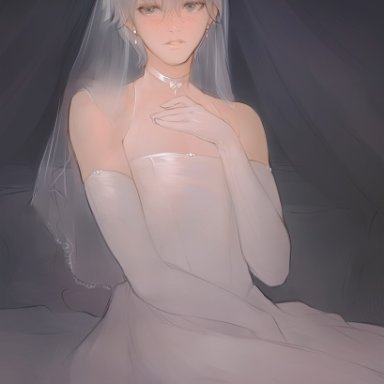 fire emblem, fire emblem: three houses, nintendo, ashe ubert, nat the lich, natthelich, 1boy, blush, bridal veil, bride, choker, crossdressing, dress, earrings, elbow gloves