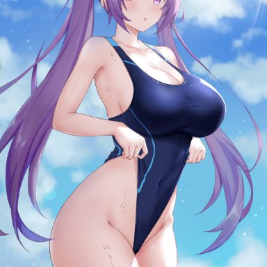 genshin impact, keqing (genshin impact), ronnie z, :o, ass, bangs, bare arms, bare shoulders, blue one-piece swimsuit, blue sky, blush, breasts, cleavage, clothes pull, cloud