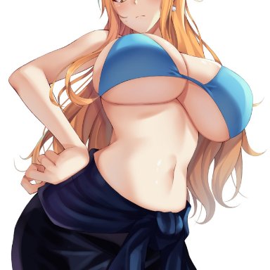 one piece, one piece film gold, nami, amagi korona, 1girls, bare shoulders, blonde hair, bra, breasts, cleavage, huge breasts, long hair, looking at viewer, looking down, navel