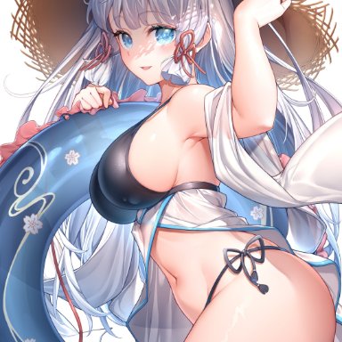 genshin impact, kamisato ayaka, kishita yuu, arm up, armpits, ass, bare shoulders, bikini, black bikini, blue eyes, blunt tresses, breasts, cowboy shot, female, flower knot