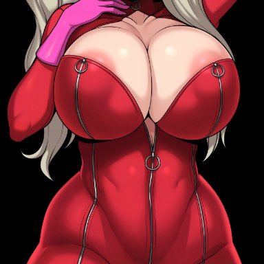 persona, persona 5, ann takamaki, jmg jellybean, areolae, big breasts, black background, blonde hair, blue eyes, cameltoe, dazed, dirty blonde hair, jumpsuit, looking at viewer, lying down