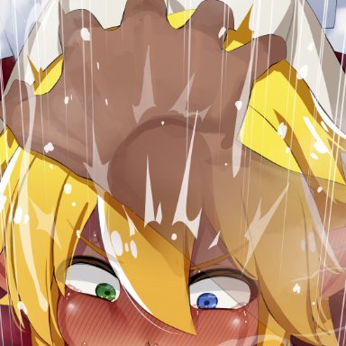 overlord (maruyama), aura bella fiora, mizumizuni, 1boy, 1girls, blonde hair, blue eyes, blush, constricted pupils, crying, crying with eyes open, dark-skinned female, dark skin, deepthroat, erection