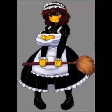 undertale, frisk, whitewo1f, blowjob, blush, brown hair, creampie, cum in pussy, cum inside, cum on breasts, dark-skinned male, dark skin, french kiss, inverted nipples, maid