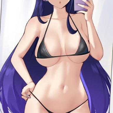 genshin impact, raiden shogun, hioyami, 1girls, bikini, black bikini, breasts, female, glasses, hips, holding object, large breasts, long hair, phone, purple eyes