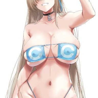 blue archive, asuna (blue archive), azk ibr2nd, 1girls, beauty mark, bikini, blonde hair, blue bikini, blue eyes, breasts, choker, eyepatch bikini, female, grin, hair over one eye