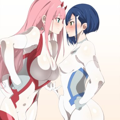 darling in the franxx, ichigo (darling in the franxx), zero two (darling in the franxx), futmad (editor), sia namsbinpeni, 2futas, bent over, big breasts, blue eyes, blue hair, blush, bodysuit, breast size difference, breasts, bulge