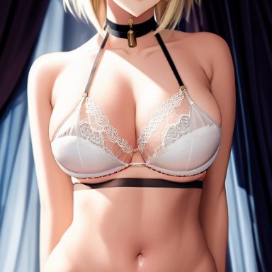 fate/grand order, fate (series), jeanne d'arc (fate), 92 brks, 1girls, arms behind back, blonde hair, blush, bra, chest strap, choker, cleavage, curtains, female, female only