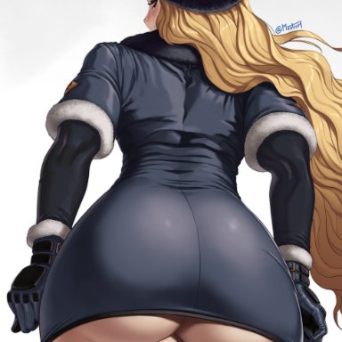 street fighter, street fighter v, kolin, mootium, ass, blonde hair, blue eyes, from behind, large ass, long hair, pawg, ushanka