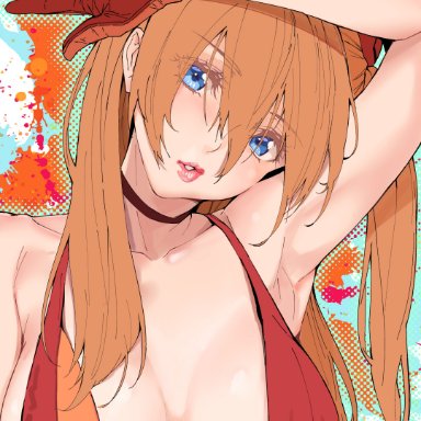 neon genesis evangelion, asuka langley sohryu, yamaishi (mukoubuti), 1girls, armpits, auburn hair, bangs, bare shoulders, big breasts, blue eyes, blush, breasts, breasts apart, brown hair, busty