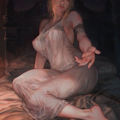 elden ring, fromsoftware, fia the deathbed companion, aoin, 1girls, barefoot, big breasts, blonde female, blonde hair, blue eyes, curvy, feet, female, female only, hug invitation