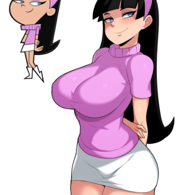 the fairly oddparents, trixie tang, jmg jellybean, 1girls, black hair, blue eyes, clothed, large breasts, miniskirt, solo, solo female, tagme