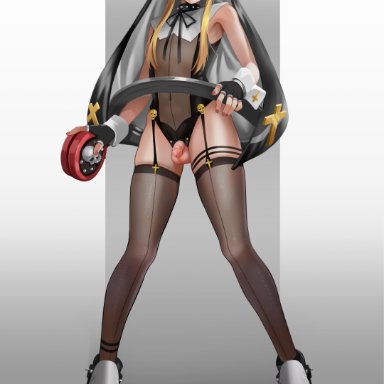 guilty gear, guilty gear strive, bridget, steamed egg, 1boy, balls, black lipstick, blonde hair, blush, boots, eye contact, femboy, fingerless gloves, gloves, goth