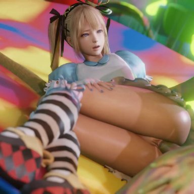 alice in wonderland, dead or alive, dead or alive 5, alice (wonderland), marie rose, lazyprocrastinator, 1boy, 1girl, 1girls, alice (wonderland) (cosplay), ass, blonde female, blonde hair, blue eyes, bottomless