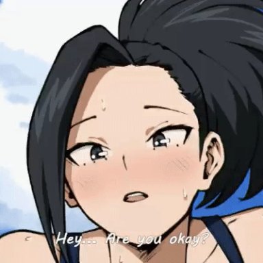 my hero academia, shounen jump, momo yaoyorozu, moochi lan, areolae, big breasts, black eyes, black hair, blush, breasts, breasts out, female, hair over one eye, huge breasts, inverted nipples