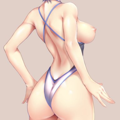 neon genesis evangelion, rei ayanami, zucchini, 1girls, ass, blue hair, breasts, looking at viewer, looking back, nude, nude female, one-piece swimsuit, presenting hindquarters, red eyes, short hair