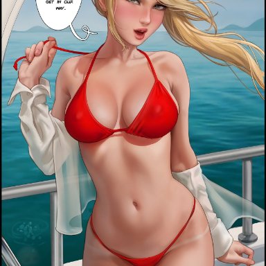 metroid, nintendo, samus aran, aroma sensei, 1girls, beach, bikini, blonde hair, blue eyes, boat, breasts, female, hips, huge breasts, long hair