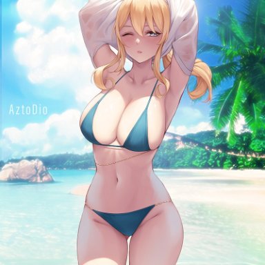 genshin impact, jean (genshin impact), jean gunnhildr, azto dio, aztodio, 1female, beach, bulging breasts, curvaceous, curvy body, curvy figure, female focus, female only, looking at viewer, ponytail