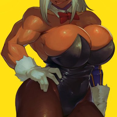 my hero academia, miruko, rumi usagiyama, ibuo, 1girls, big ass, big breasts, bowtie, bunny ears, bunnysuit, dark-skinned female, gloves, looking at viewer, muscular female, pantyhose