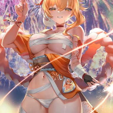 genshin impact, yoimiya (genshin impact), cyi, cyicheng, 1girls, big breasts, bikini, bikini bottom, breasts, breasts out, cape, solo